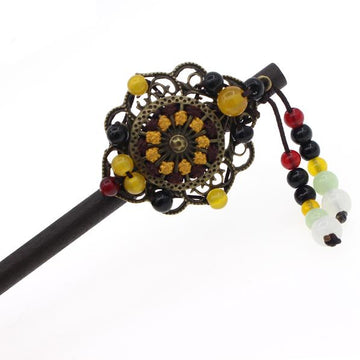 Wood Stick with Floral Metal Piece and Beaded Tassels Yellow